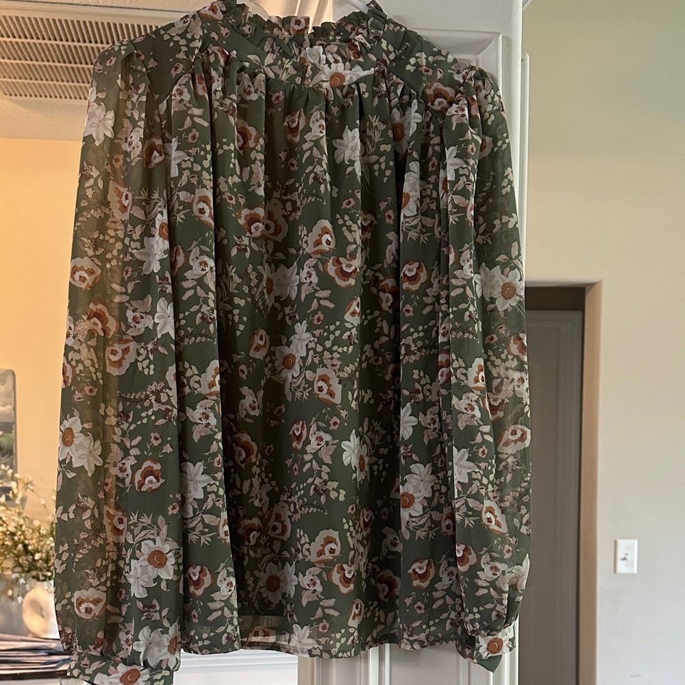 Wish Olive Green Floral Ruffled-Neck Blouse